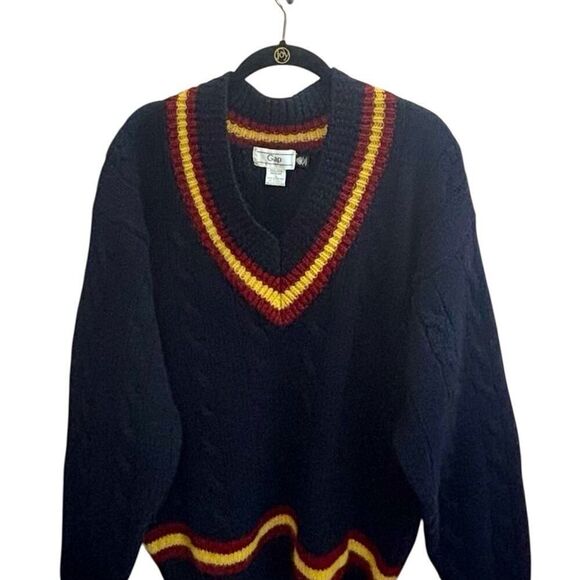 Deadstock 1990s GAP Cable Knit Cricket Sweater Navy Yellow Red Tags M - Picture 4 of 11